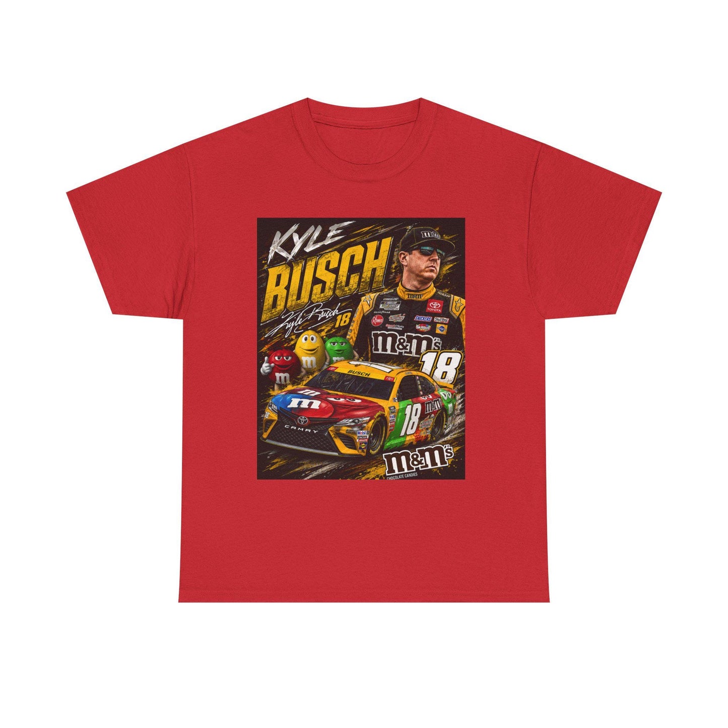 Red NASCAR racing tee with square Kyle Busch car #18 graphic