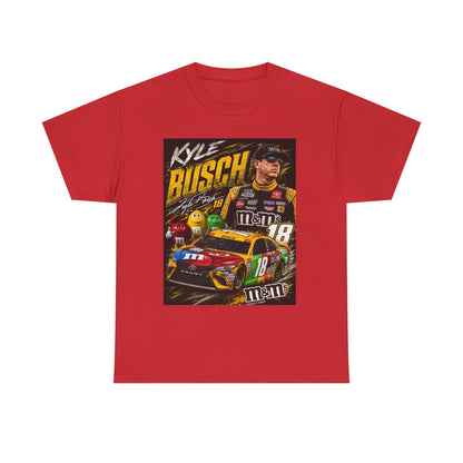 Red NASCAR racing tee with square Kyle Busch car #18 graphic