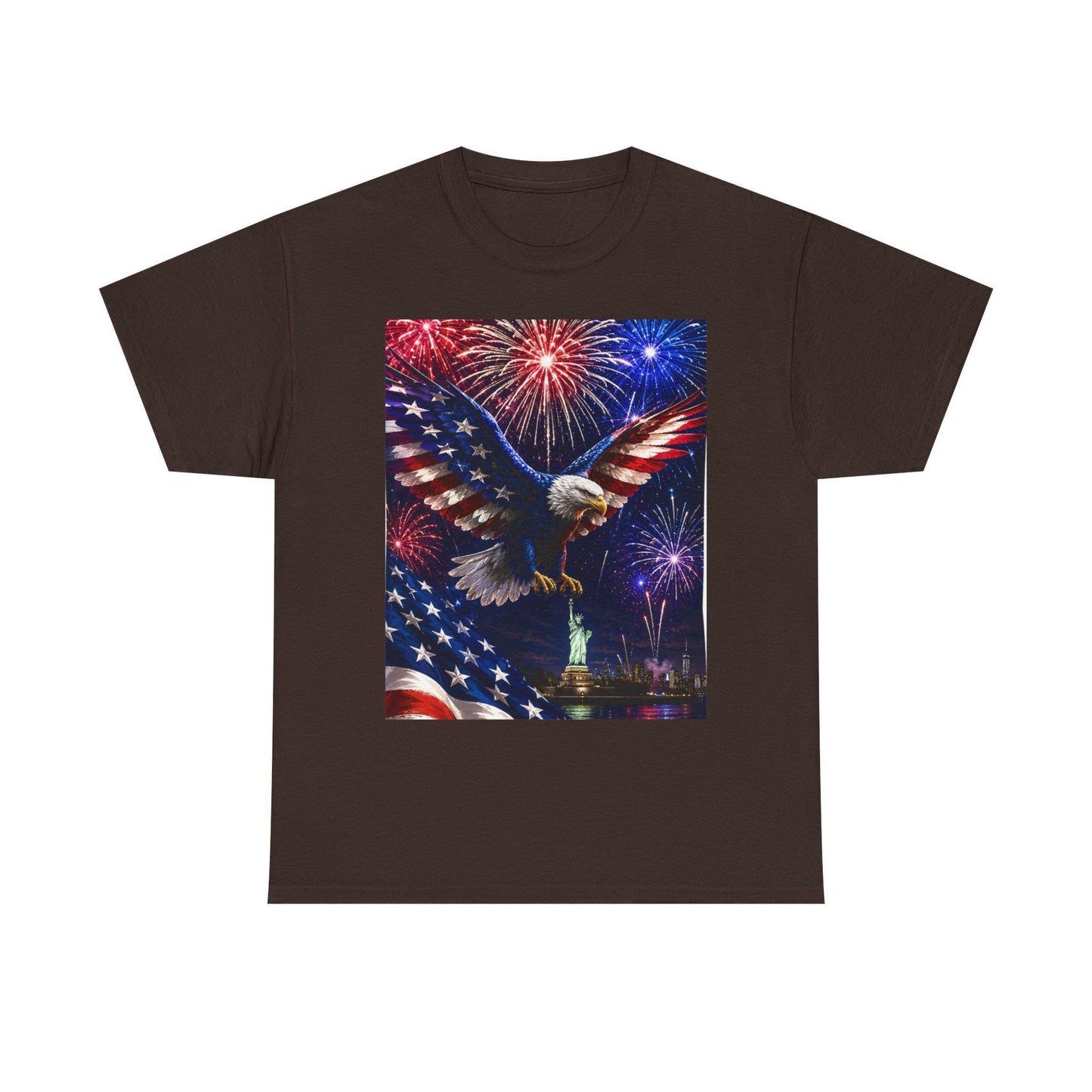 Dark brown T-shirt with eagle graphic, fireworks, and American flag print