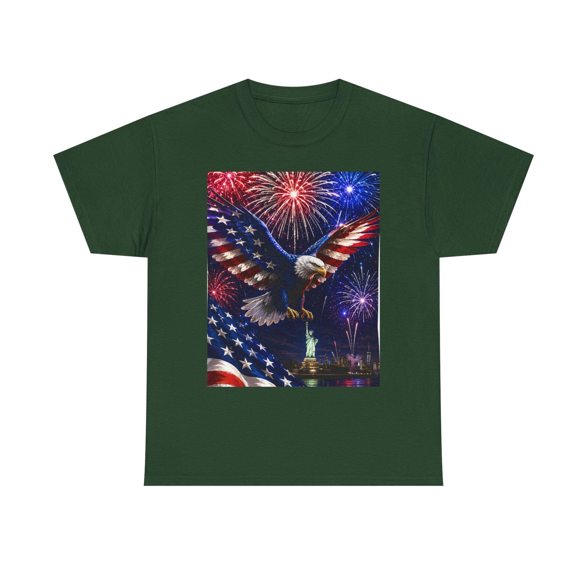 Forest green eagle graphic T-shirt with fireworks, stars, and flag print