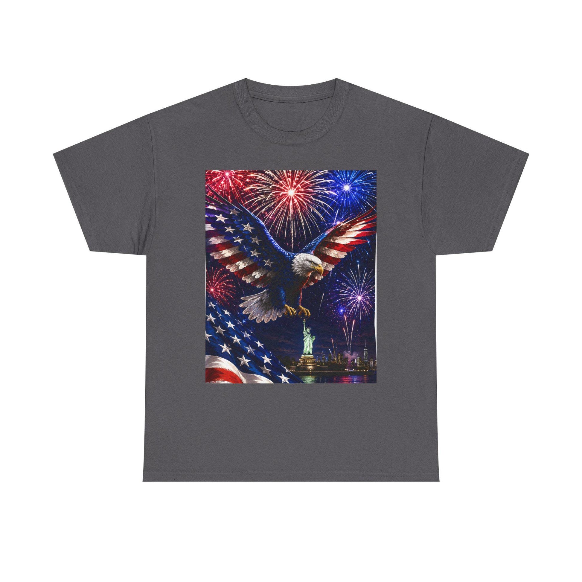 Charcoal gray eagle graphic T-shirt with fireworks and stars flag print