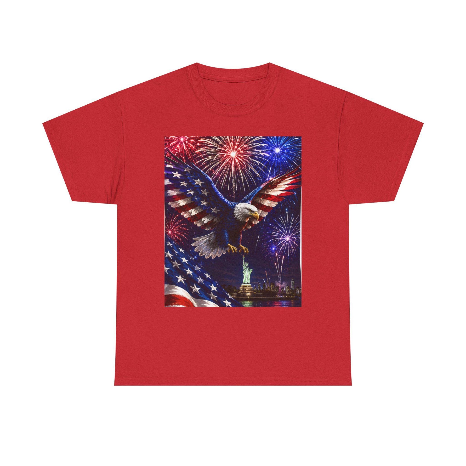 Red eagle graphic T-shirt with fireworks and stars flag print
