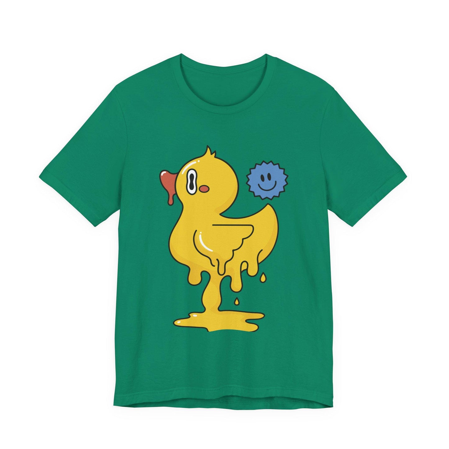 Green graphic duck T-shirt with blue smiley companion print