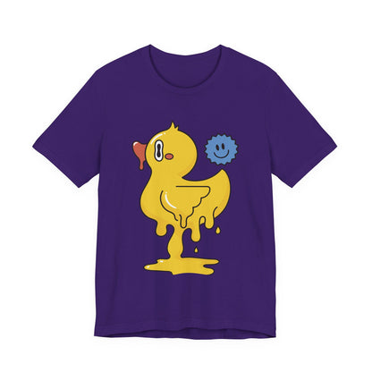 Purple graphic duck T-shirt with yellow duck and blue bubble character
