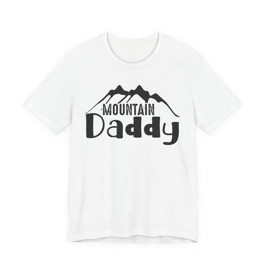 White graphic T-shirt with mountain logo and "Mountain Daddy" print at chest