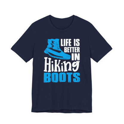Navy graphic T-shirt with blue boot and text: Life is better in Hiking Boots