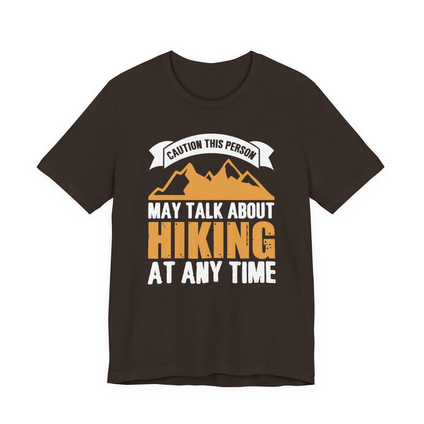 Dark brown hiking chat T-shirt with mountain graphic and slogan print