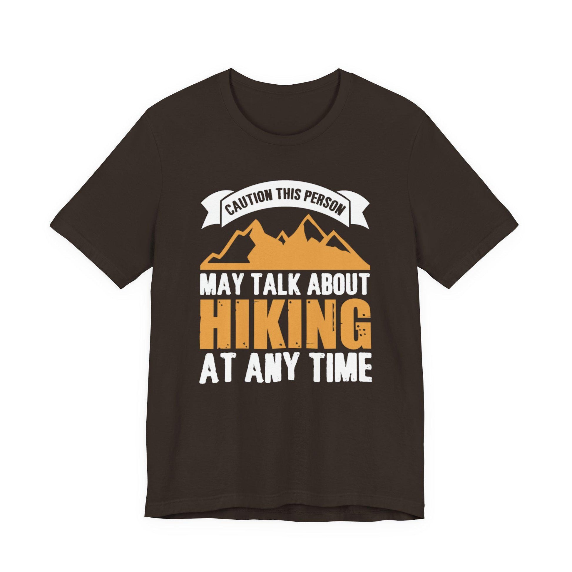 Dark brown hiking chat T-shirt with mountain graphic and slogan print