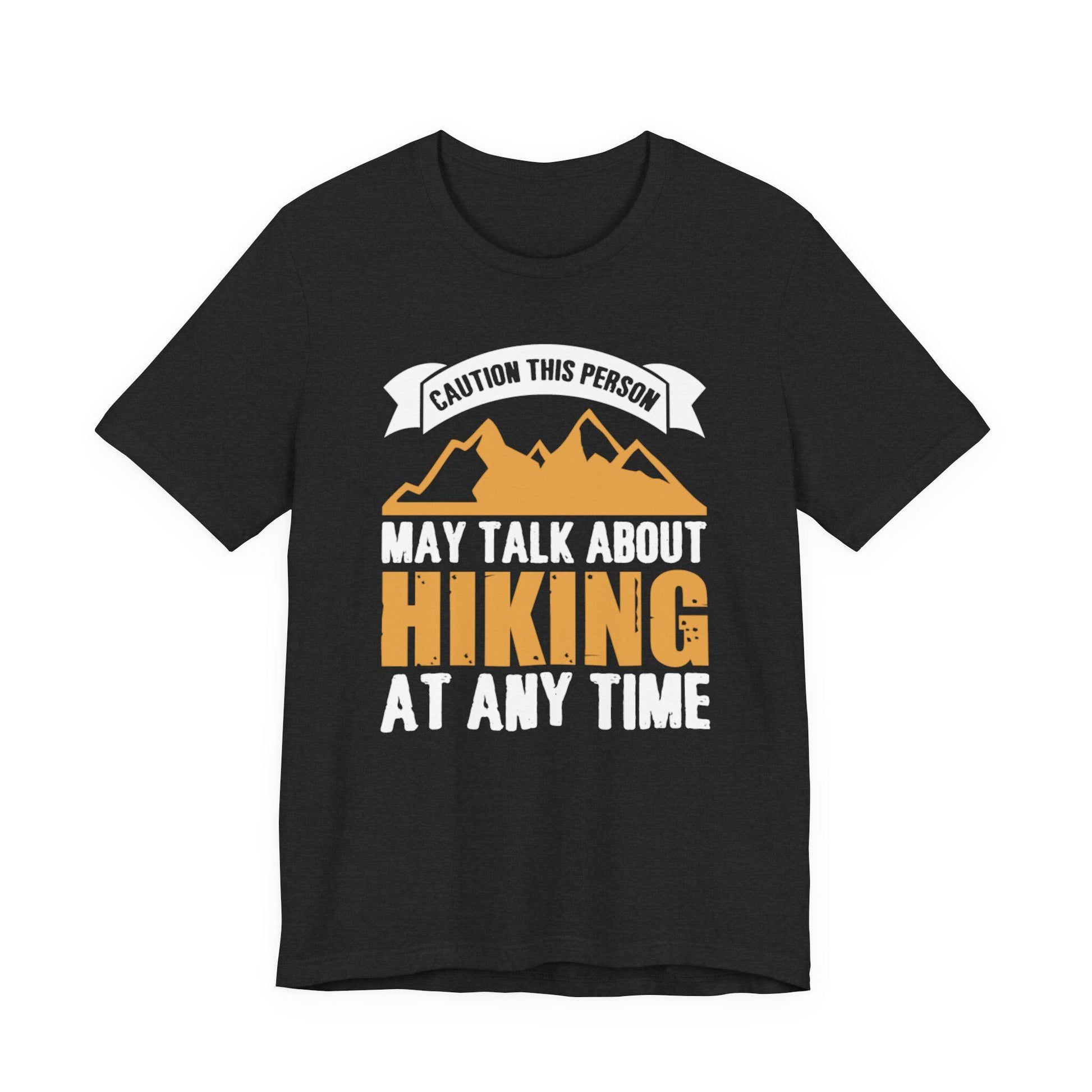 Black crew-neck hiking chat T-shirt with mountain graphic and slogan print