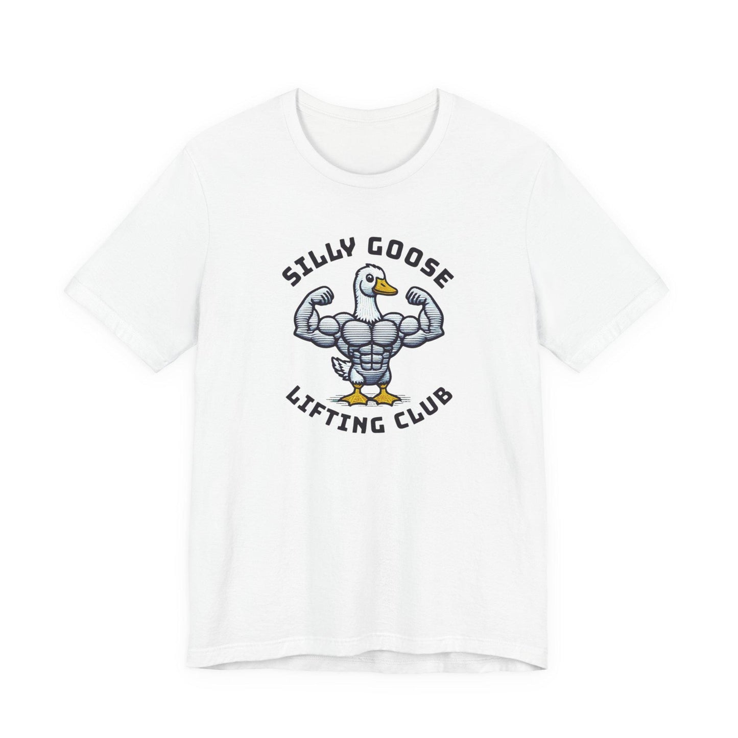 White crew-neck short-sleeve graphic tee with lifted goose emblem