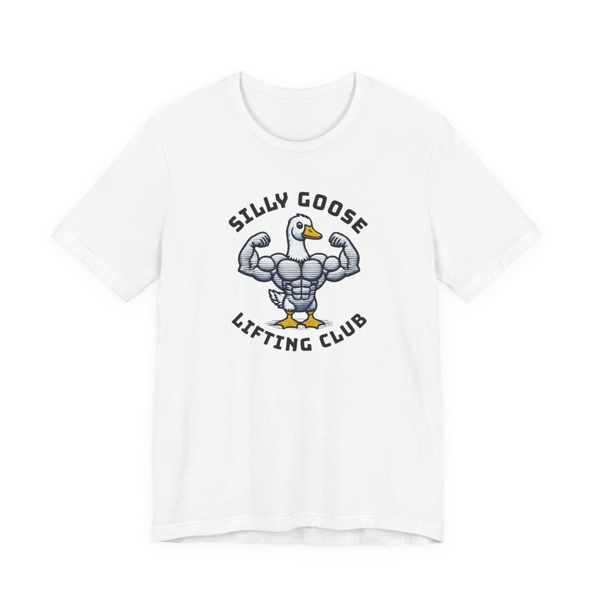 White crew-neck short-sleeve graphic tee with lifted goose emblem
