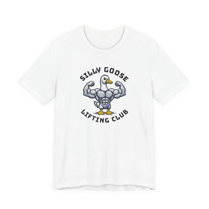 White crew-neck short-sleeve graphic tee with lifted goose emblem