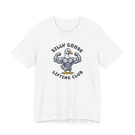 White crew-neck short-sleeve graphic tee with lifted goose emblem