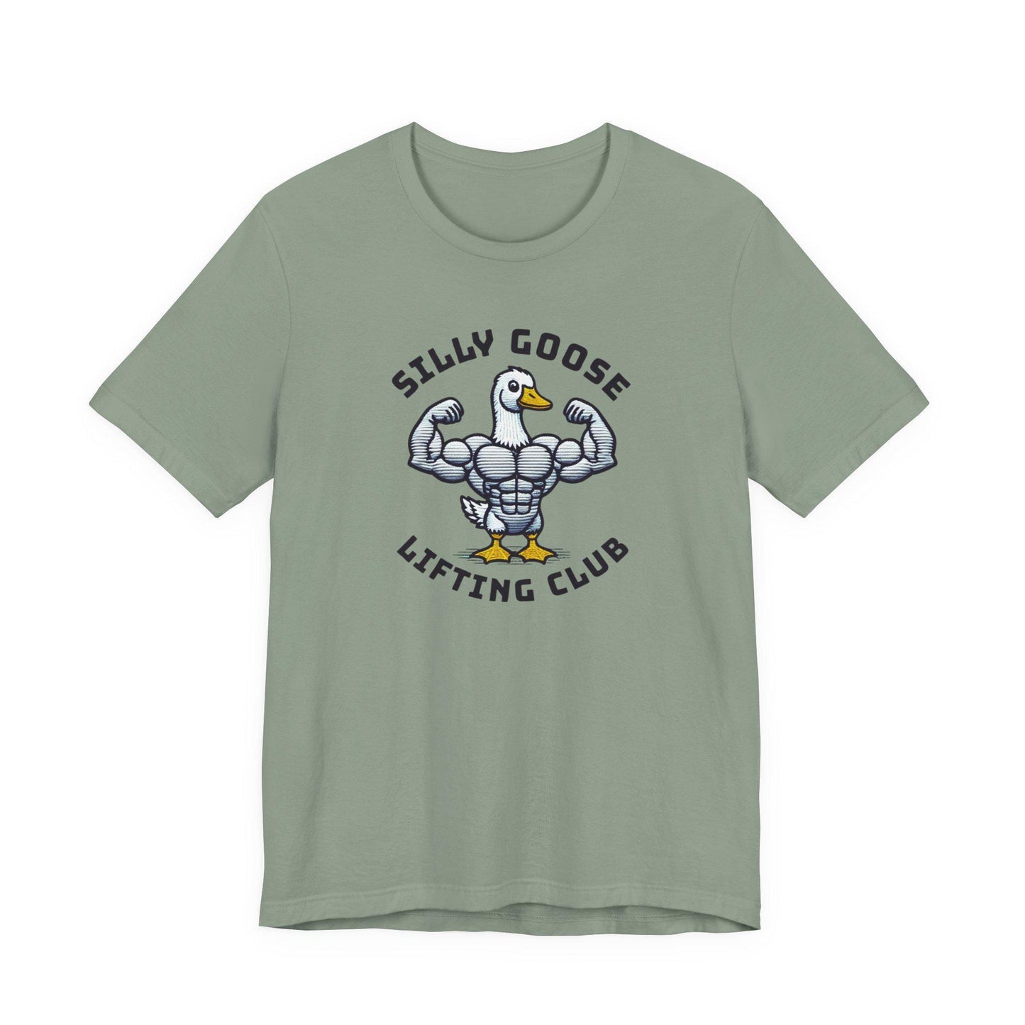 Sage green crew-neck short-sleeve graphic tee with lifted goose emblem