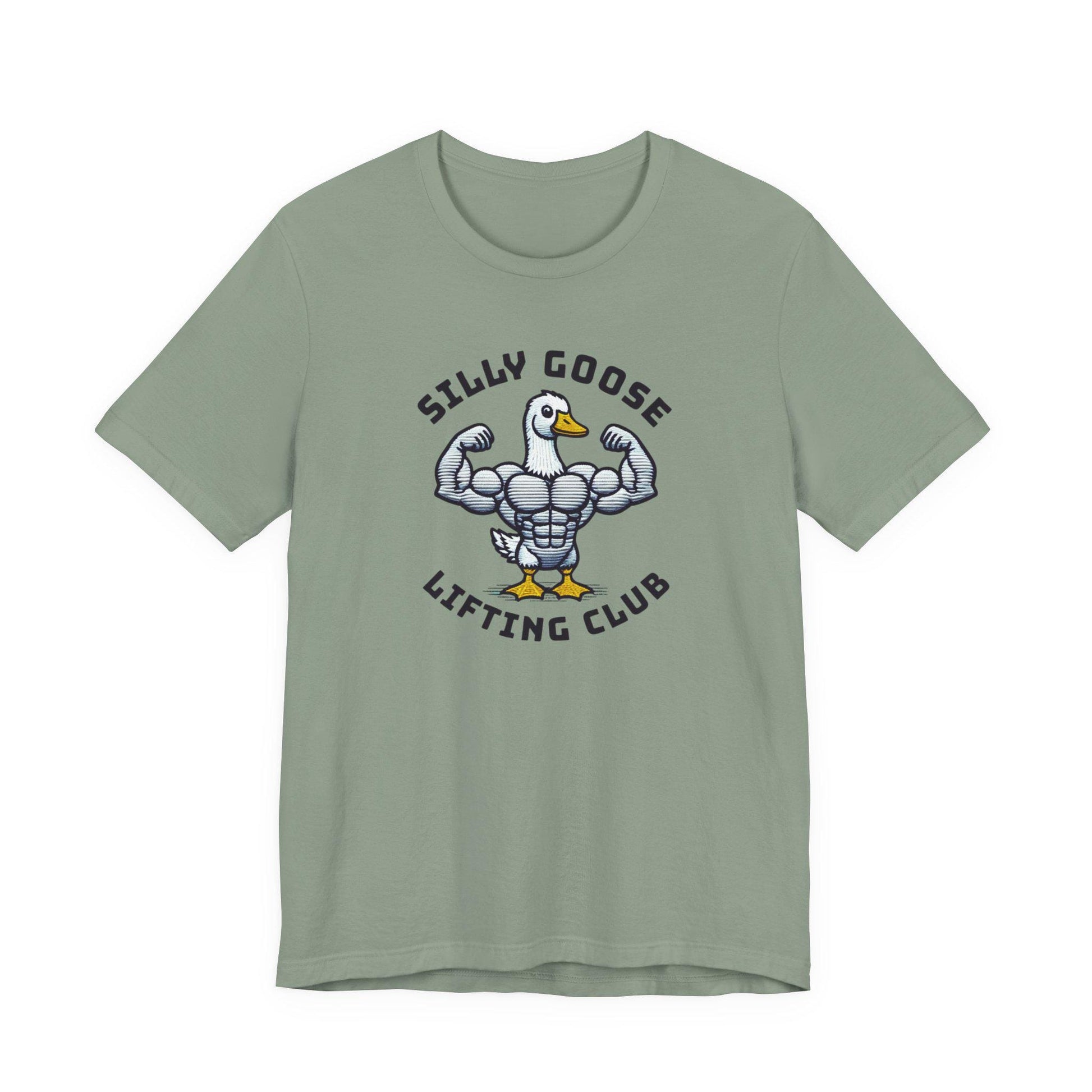 Sage green crew-neck short-sleeve graphic tee with lifted goose emblem