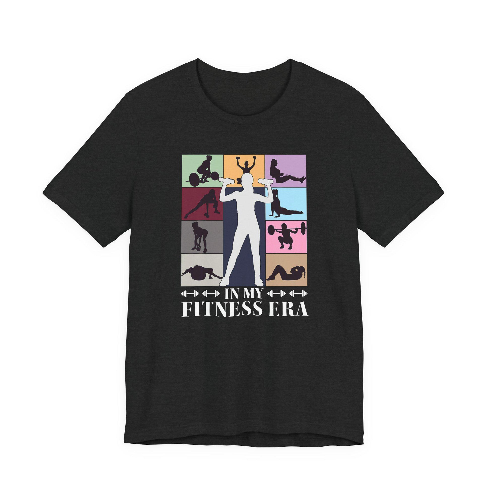 Dark brown strength T-shirt with colorful fitness collage graphic and “IN MY FITNESS ERA” text