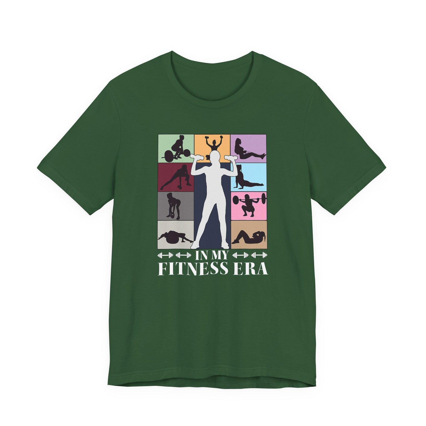 Evergreen strength T-shirt with colorful fitness collage graphic and “IN MY FITNESS ERA” text