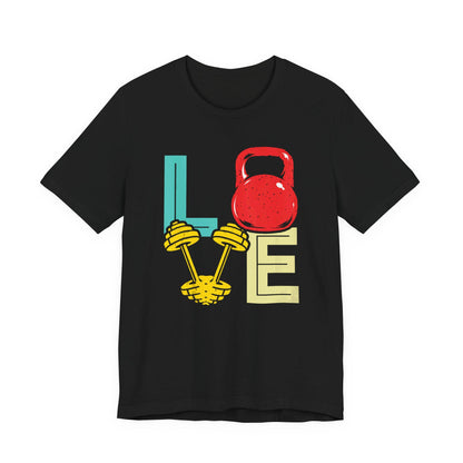 Black gym love T-shirt with kettlebell and colorful 'LOVE' graphic