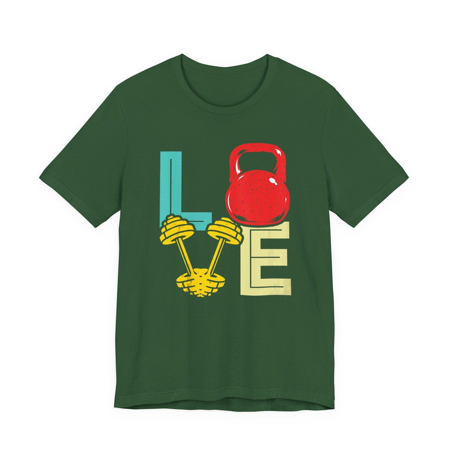 Green gym love T-shirt with kettlebell and colorful 'LOVE' graphic