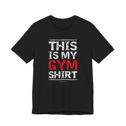 Upbeat Iron Therapy tee, black with 'THIS IS MY GYM SHIRT' front graphic.