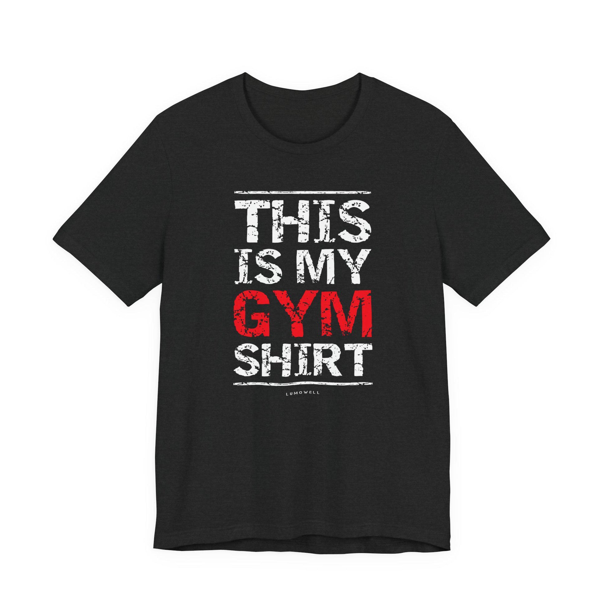 Upbeat Iron Therapy tee, dark with 'THIS IS MY GYM SHIRT' front graphic.