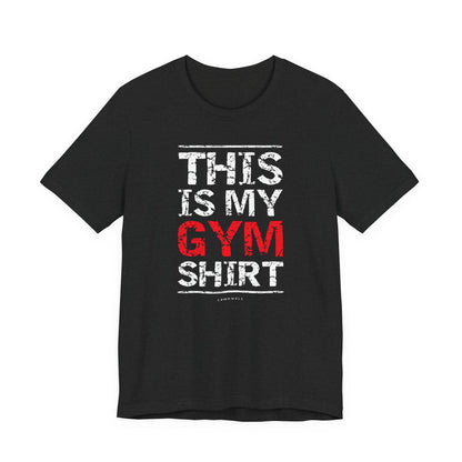 Upbeat Iron Therapy tee, dark with 'THIS IS MY GYM SHIRT' front graphic.