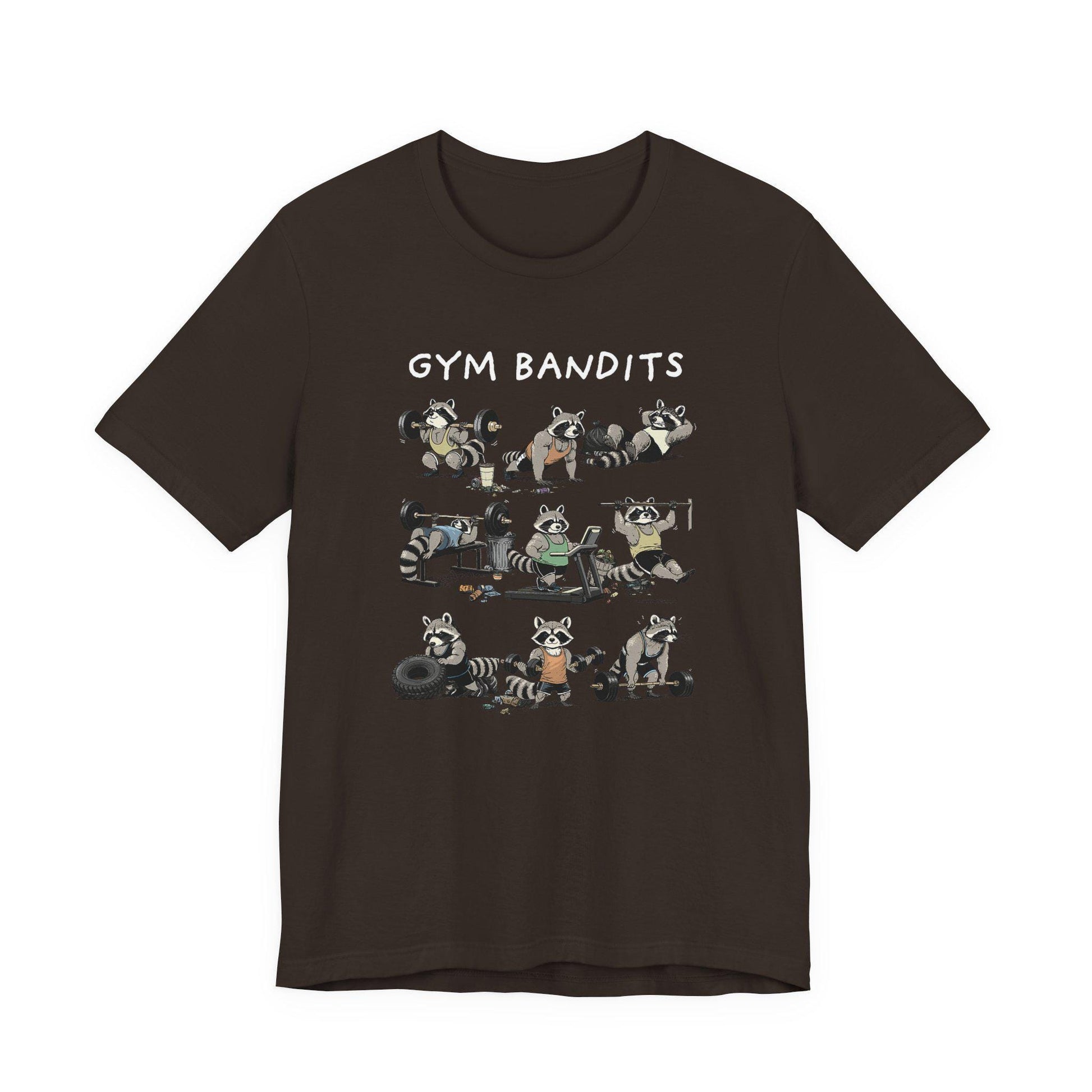 Dark brown crew-neck Gym Bandits T-shirt with raccoon graphic front