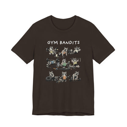 Dark brown crew-neck Gym Bandits T-shirt with raccoon graphic front