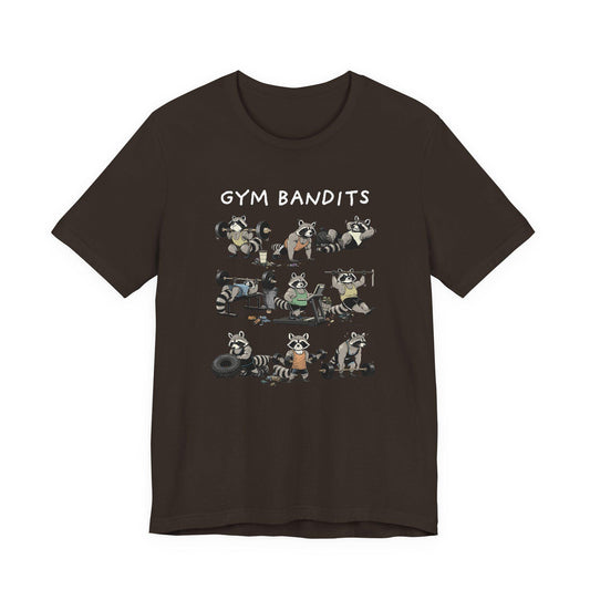 Dark brown crew-neck Gym Bandits T-shirt with raccoon graphic front