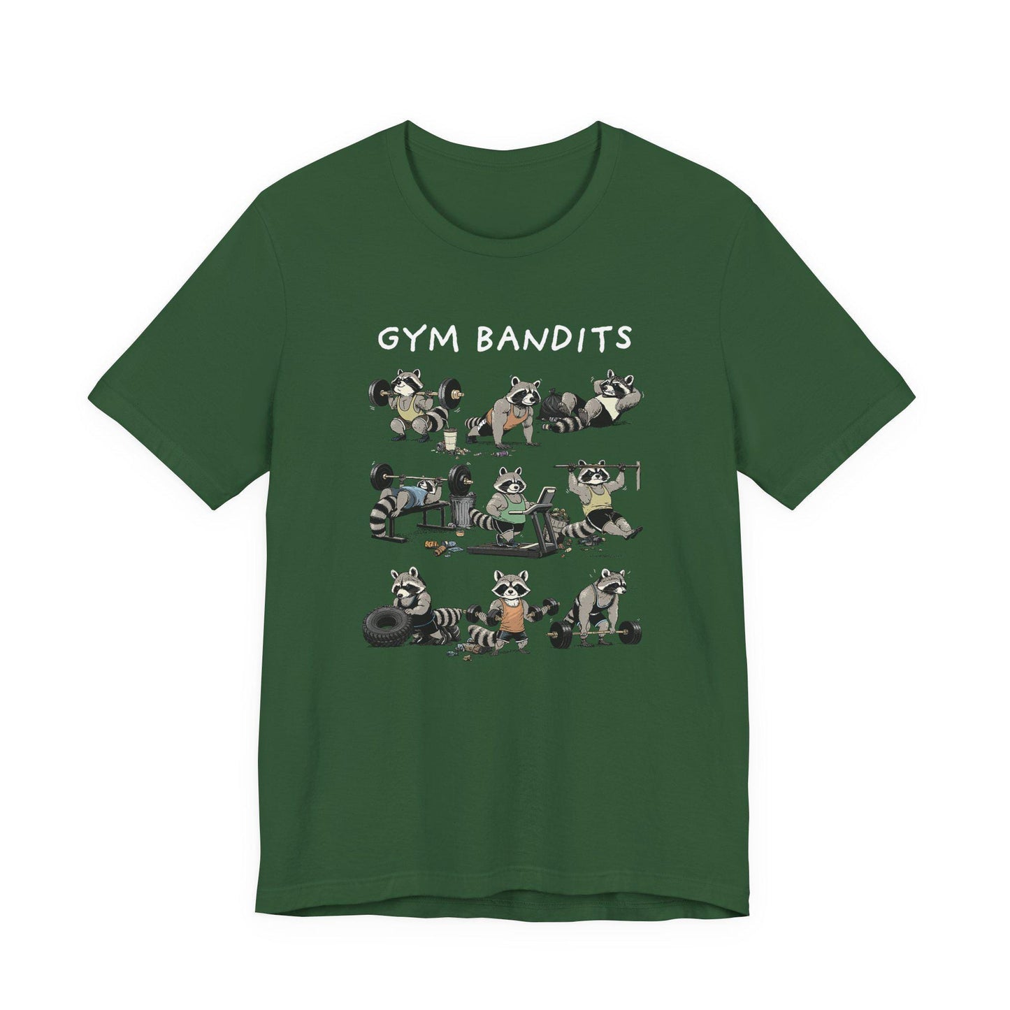 Evergreen green crew-neck Gym Bandits T-shirt with raccoon graphic front