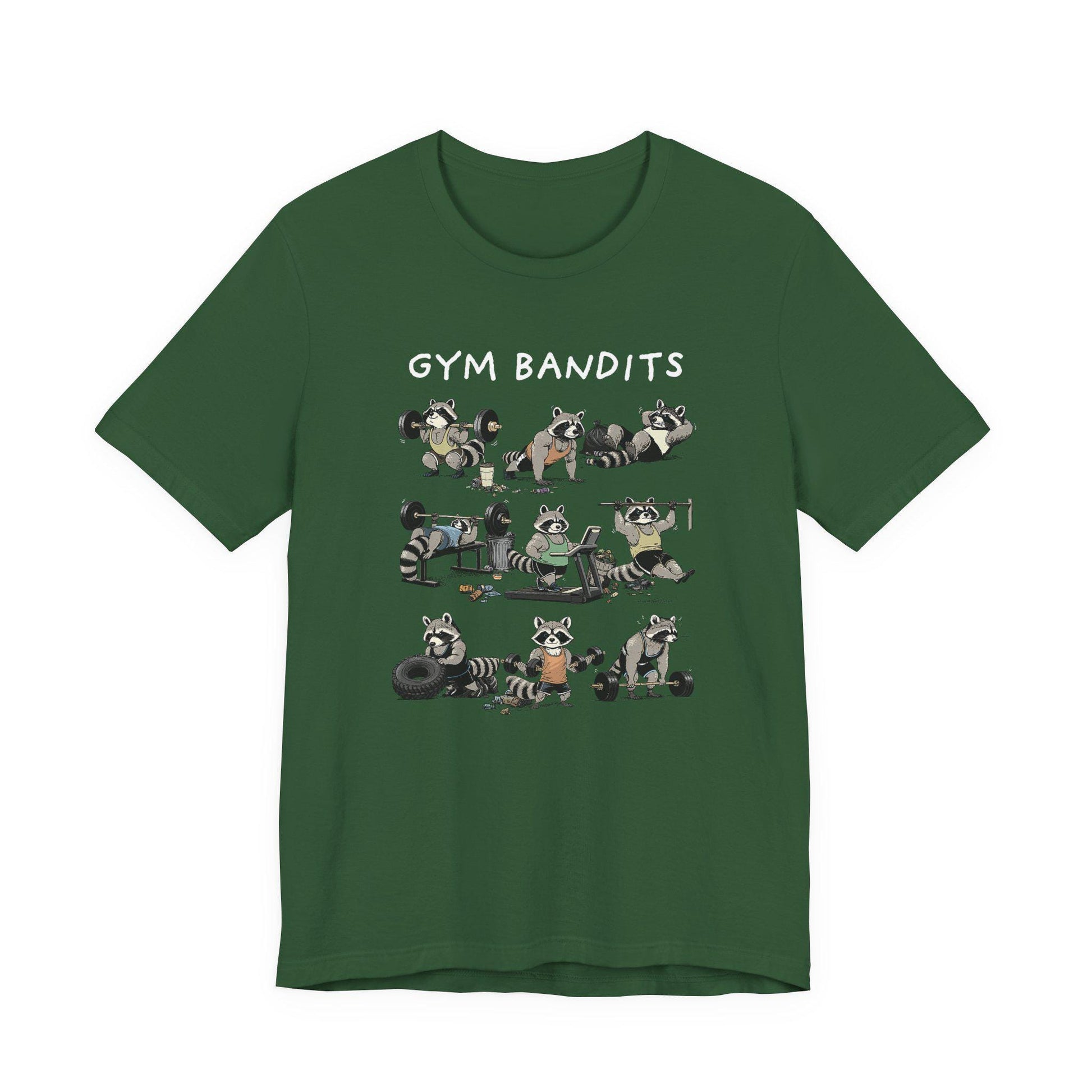 Evergreen green crew-neck Gym Bandits T-shirt with raccoon graphic front