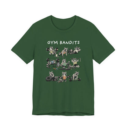 Evergreen green crew-neck Gym Bandits T-shirt with raccoon graphic front