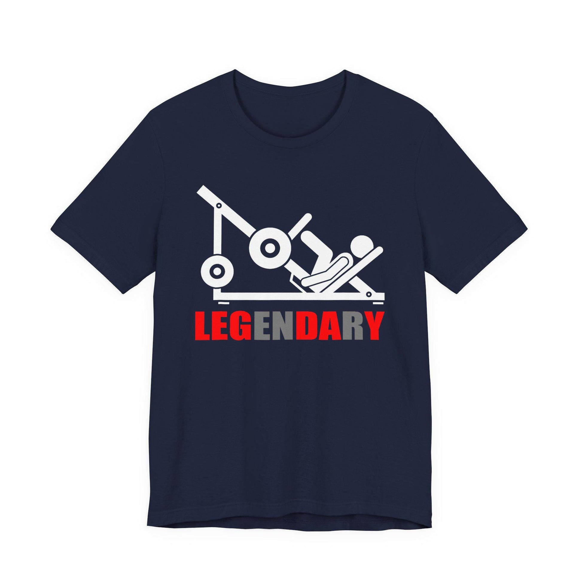 Deep navy crewneck T-shirt with white gaming graphic and red "LEGENDARY" lettering