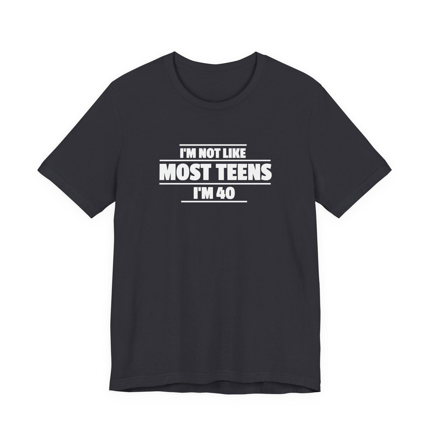 Dark grey crew-neck T-shirt with short sleeves and centered front slogan graphic