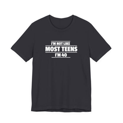 Dark grey crew-neck T-shirt with short sleeves and centered front slogan graphic