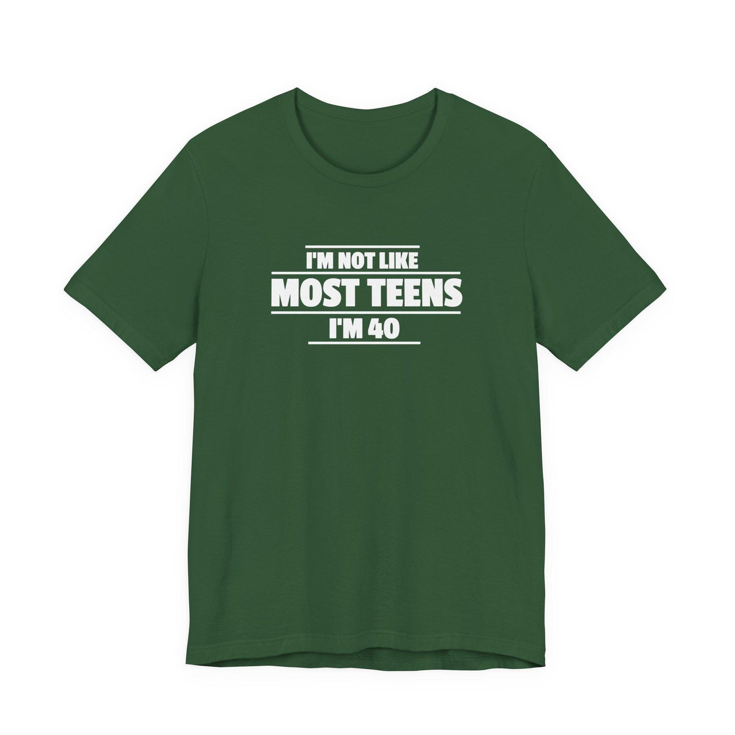 Evergreen green crew-neck T-shirt with short sleeves and front slogan text graphic