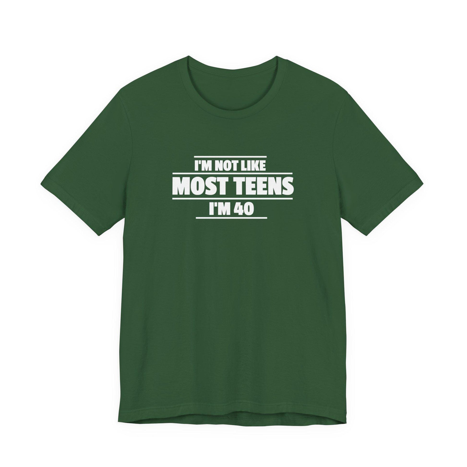 Evergreen green crew-neck T-shirt with short sleeves and front slogan text graphic