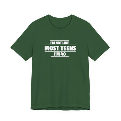 Evergreen green crew-neck T-shirt with short sleeves and front slogan text graphic