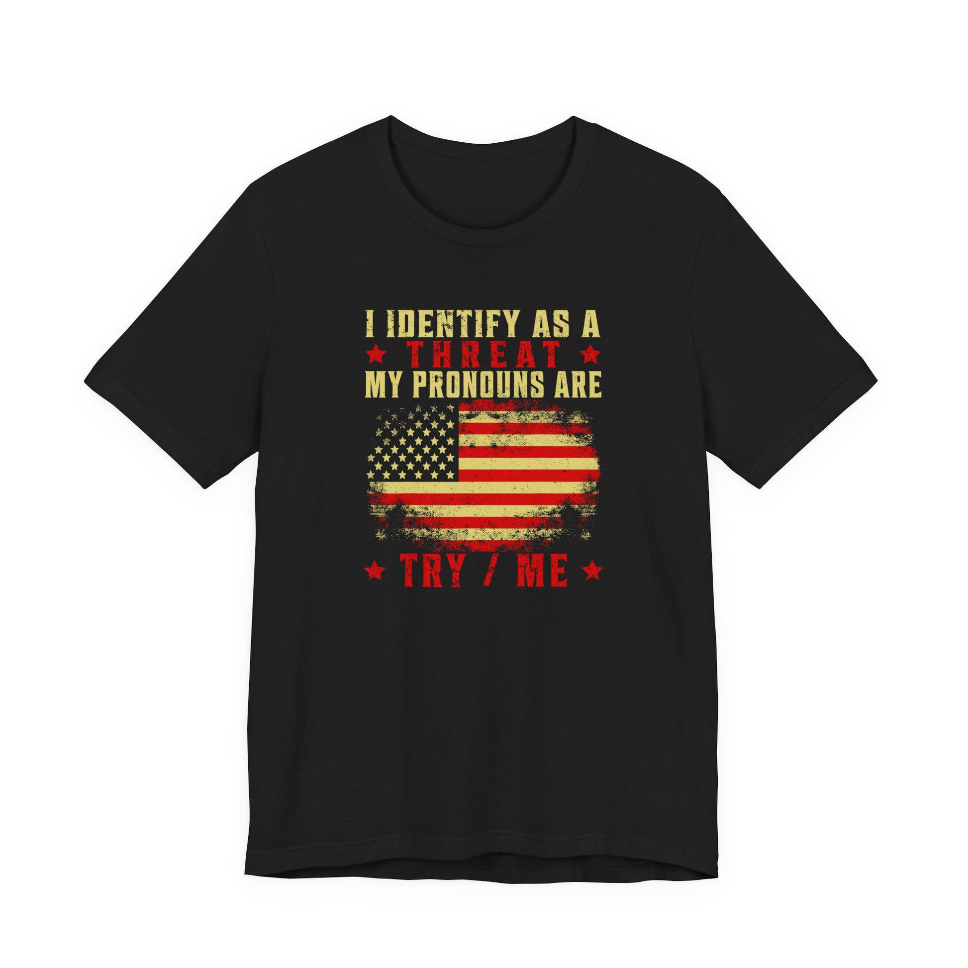 Black crew-neck T-shirt with patriotic flag graphic and slogan print