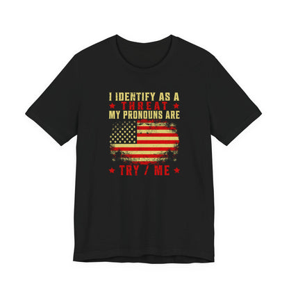 Black crew-neck T-shirt with patriotic flag graphic and slogan print