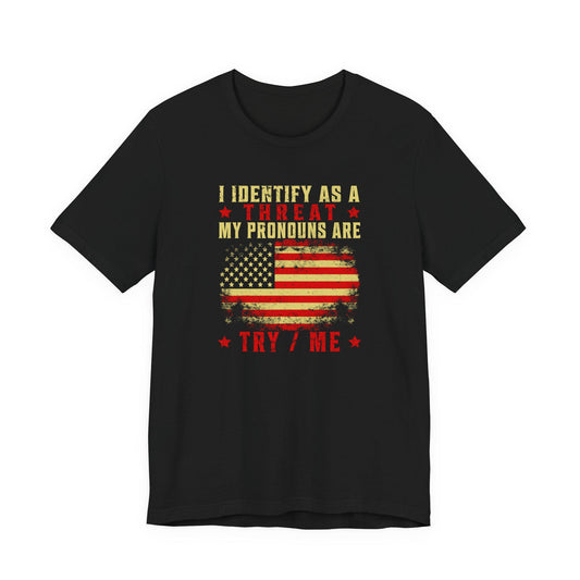 Black crew-neck T-shirt with patriotic flag graphic and slogan print