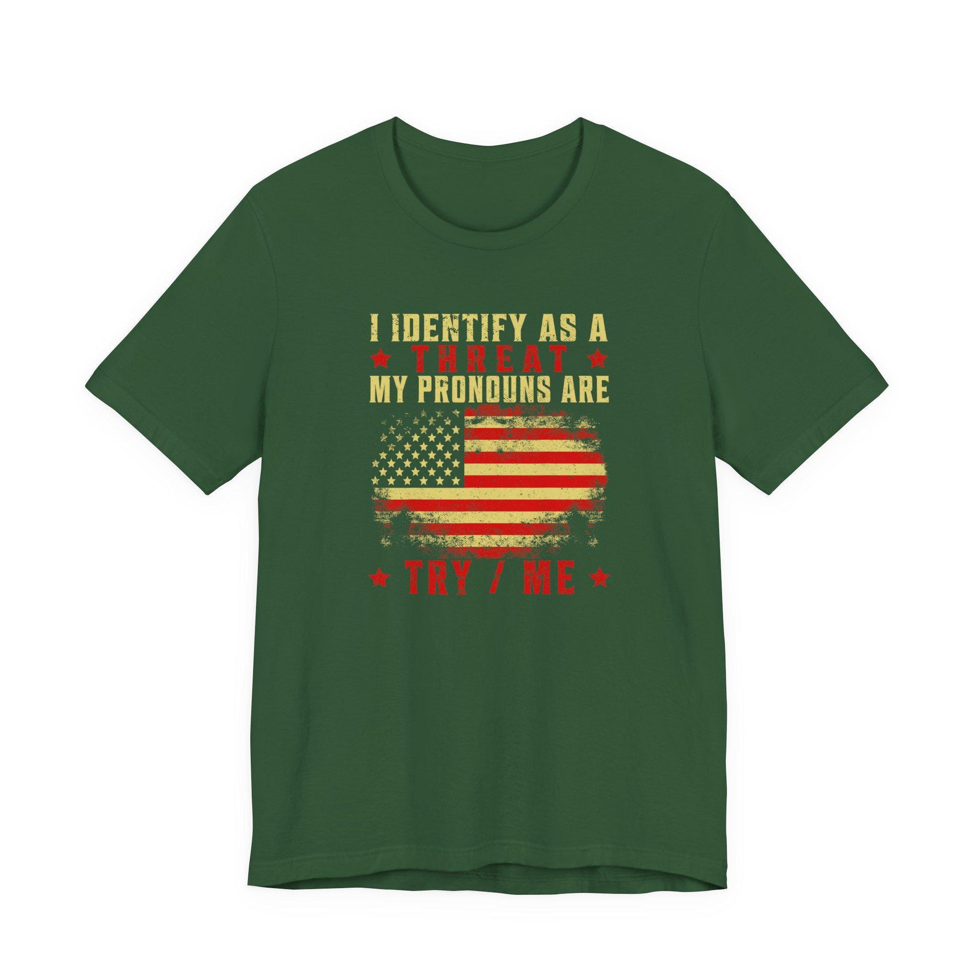 Evergreen green crew-neck T-shirt with patriotic flag graphic and slogan print