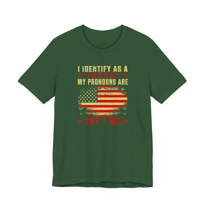 Evergreen green crew-neck T-shirt with patriotic flag graphic and slogan print