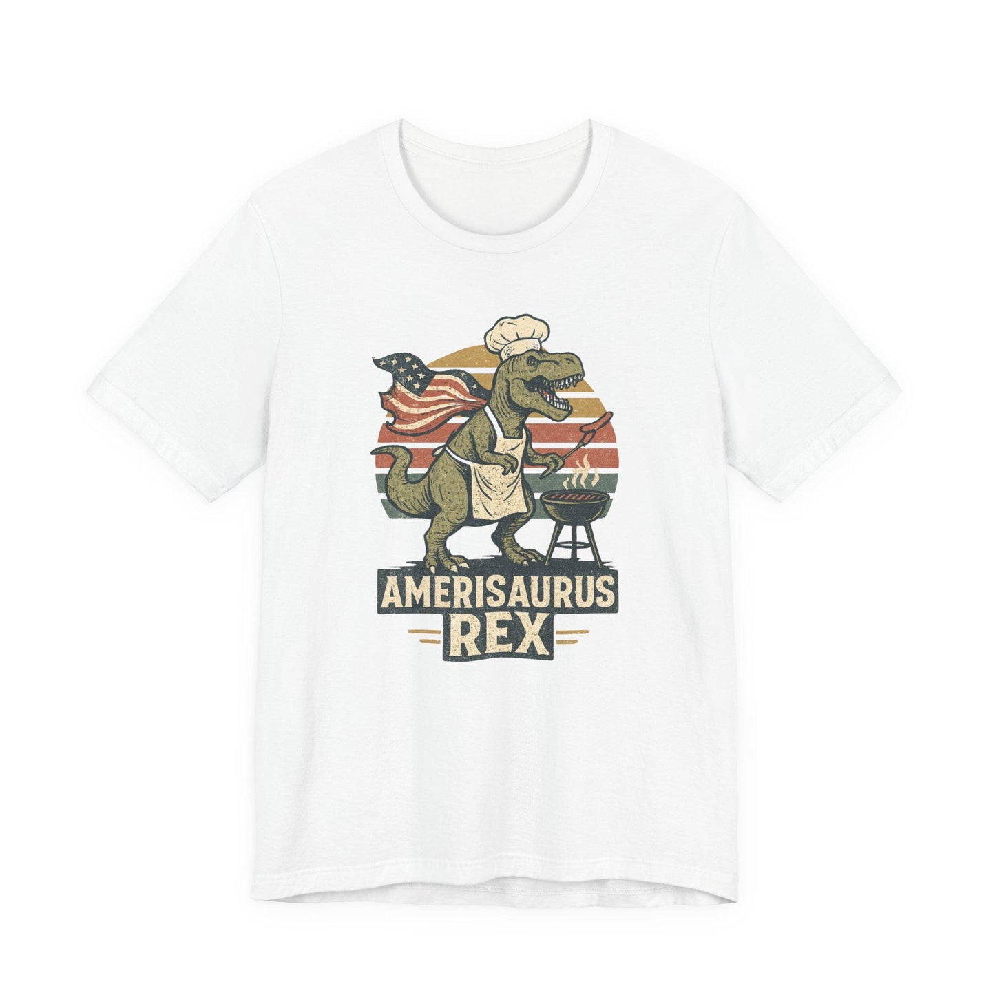 White graphic dinosaur T-shirt with grill, text 'Amerisaurus Rex'.