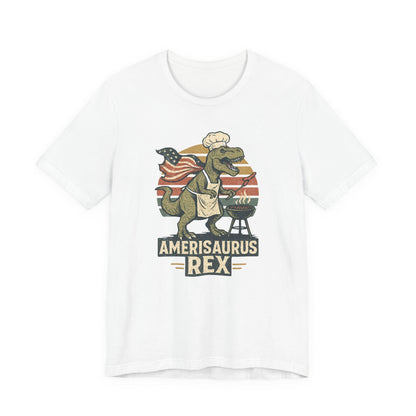 White graphic dinosaur T-shirt with grill, text 'Amerisaurus Rex'.
