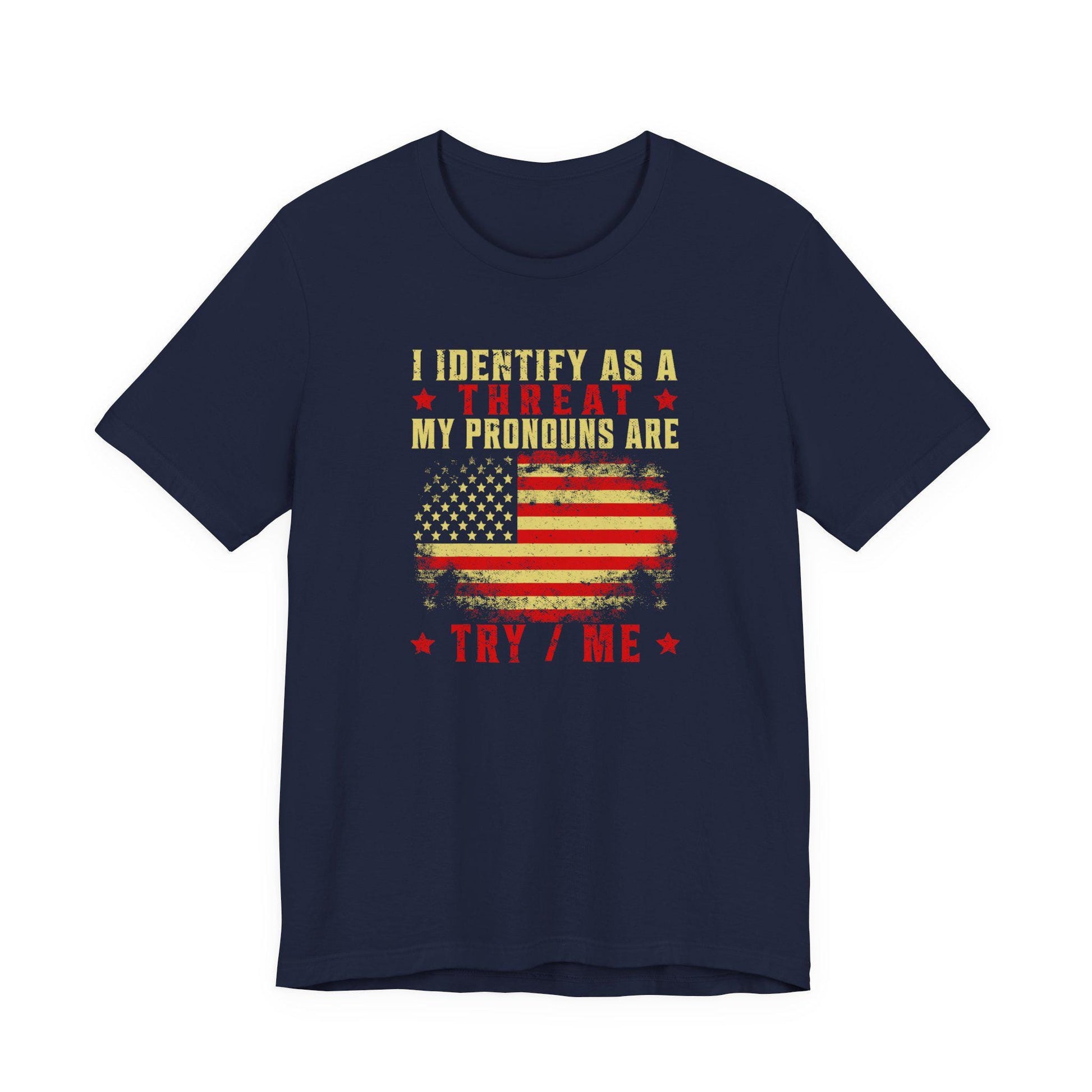 Navy crew-neck T-shirt with patriotic flag graphic and slogan print