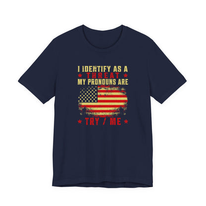 Navy crew-neck T-shirt with patriotic flag graphic and slogan print