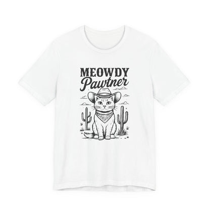 White graphic cat tee with 'MEOWDY Pawtner' front print