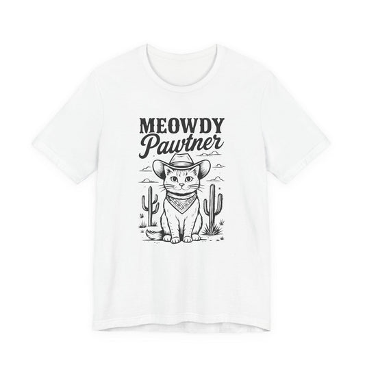 White graphic cat tee with 'MEOWDY Pawtner' front print