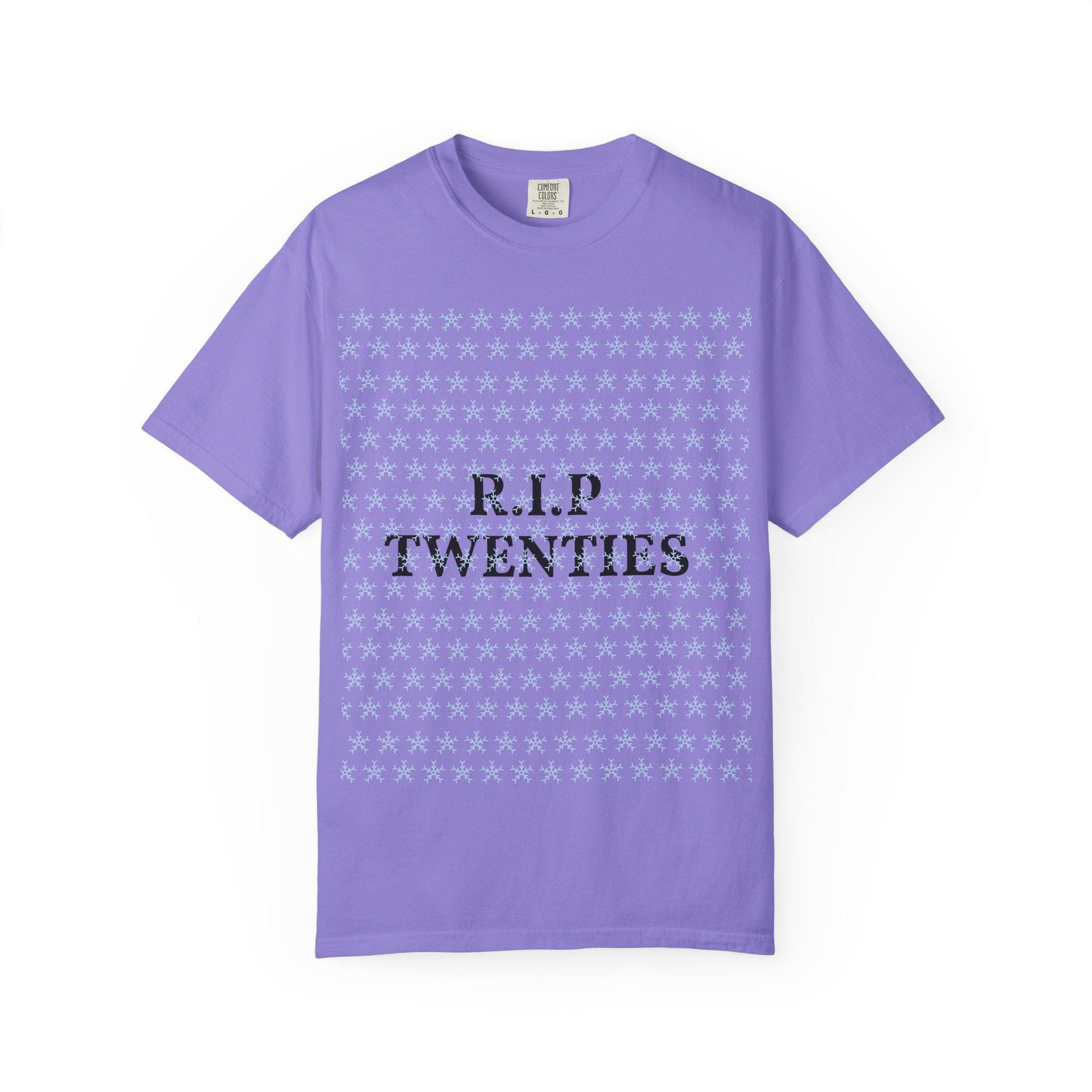 Unisex garment-dyed T-shirt, purple, with R.I.P TWENTIES front graphic.